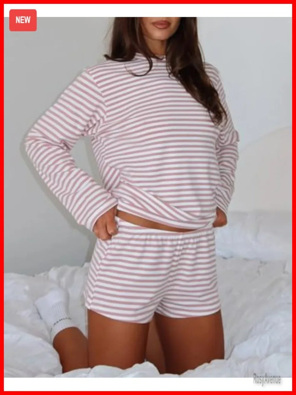Women's Striped Pajama Set Long Sleeve Crewneck Top & Shorts Lounge Set